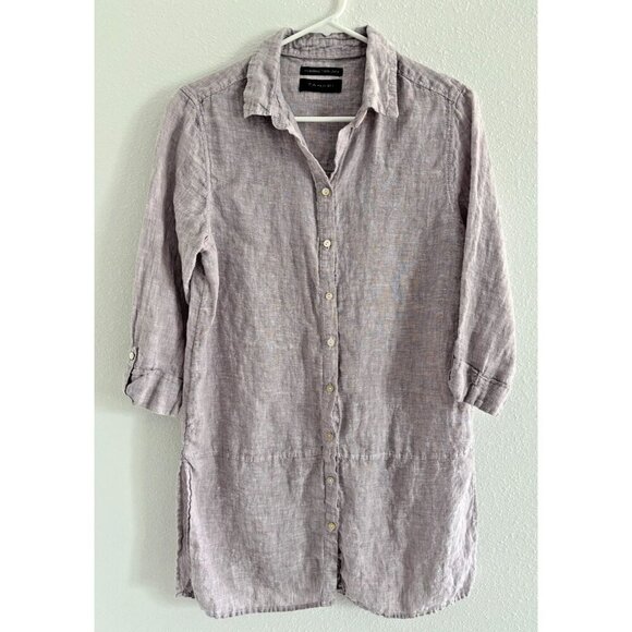 Tahari Linen Button Up Tunic Sz M Long Roll Tab Sleeves Lilac Lagenlook Coastal - Picture 1 of 10